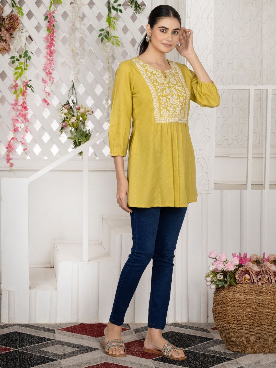 Corn Yellow Chikankari Embroidered Dobby Tunic