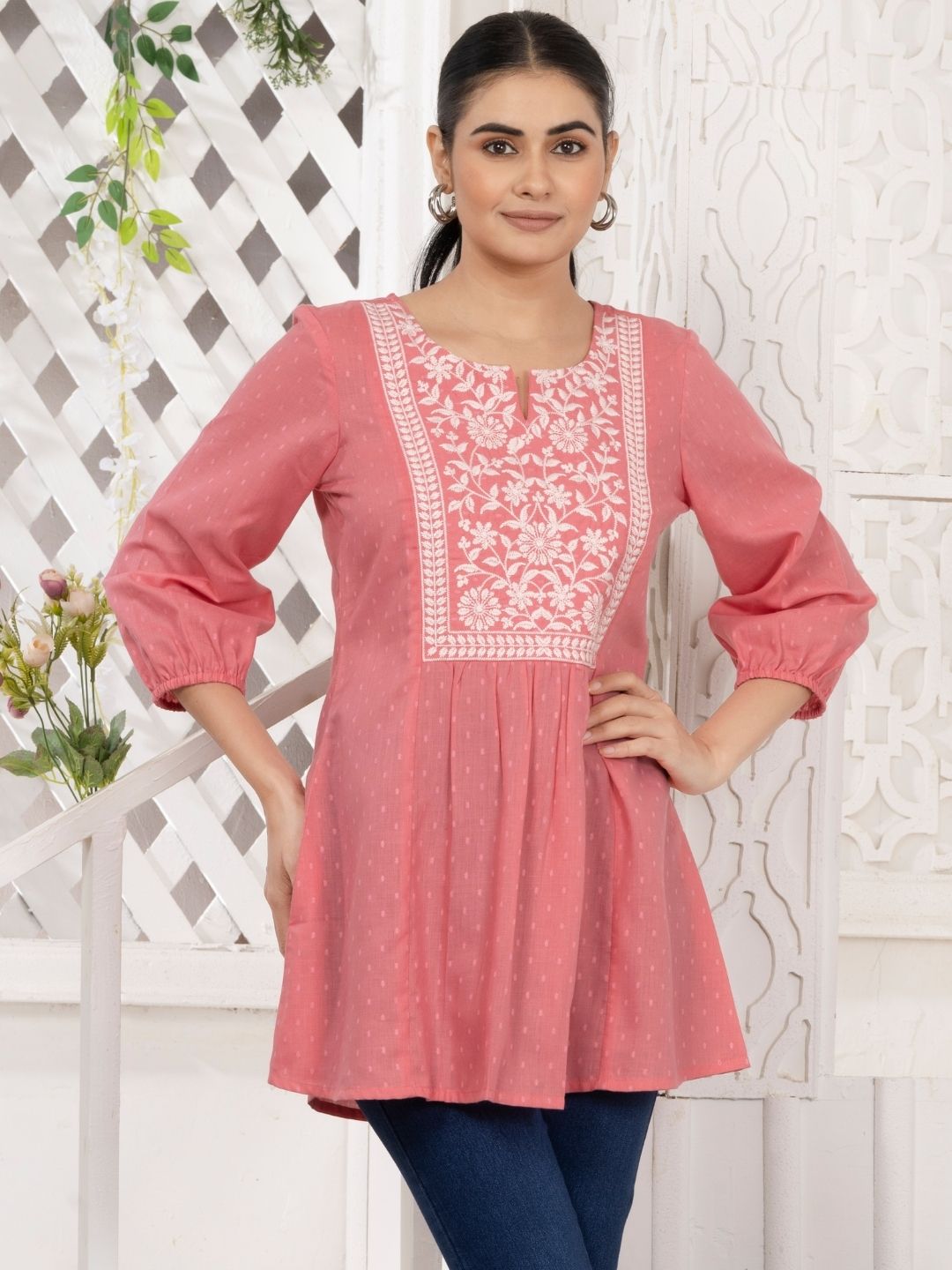 Dishy Coral Chikankari Embroidered Dobby Tunic