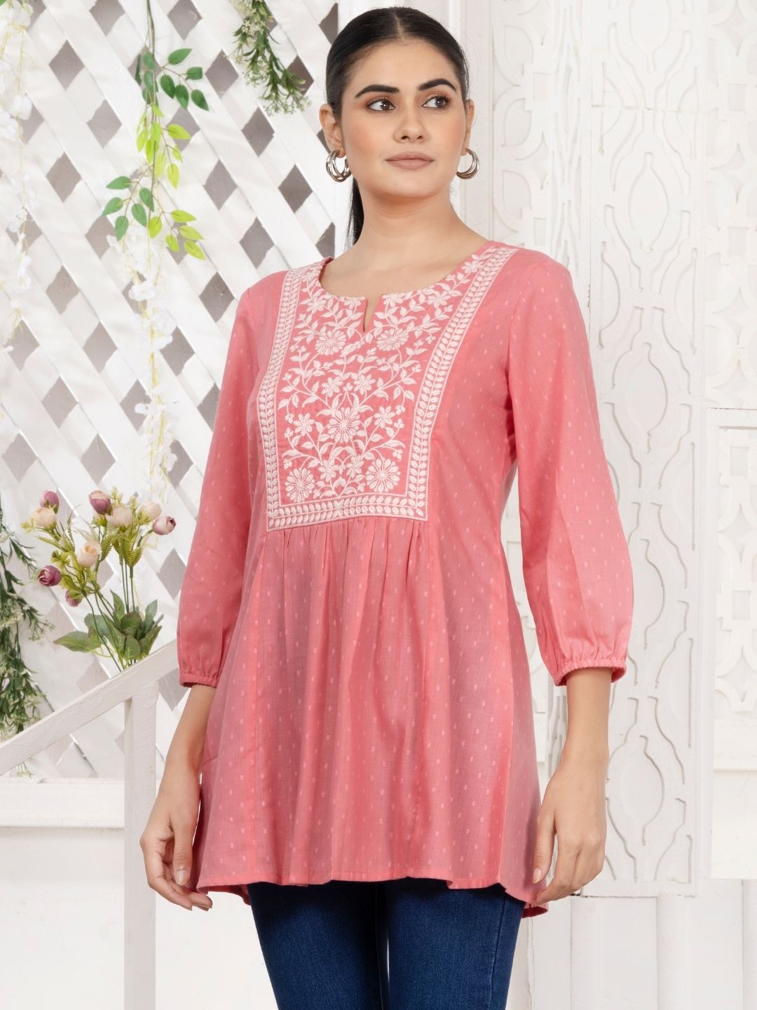 Dishy Coral Chikankari Embroidered Dobby Tunic