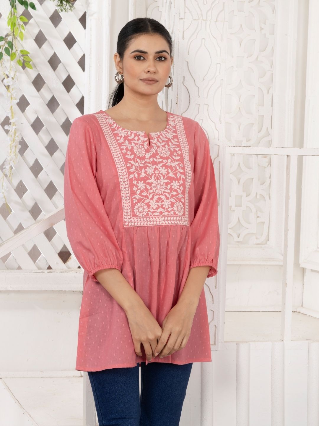 Dishy Coral Chikankari Embroidered Dobby Tunic