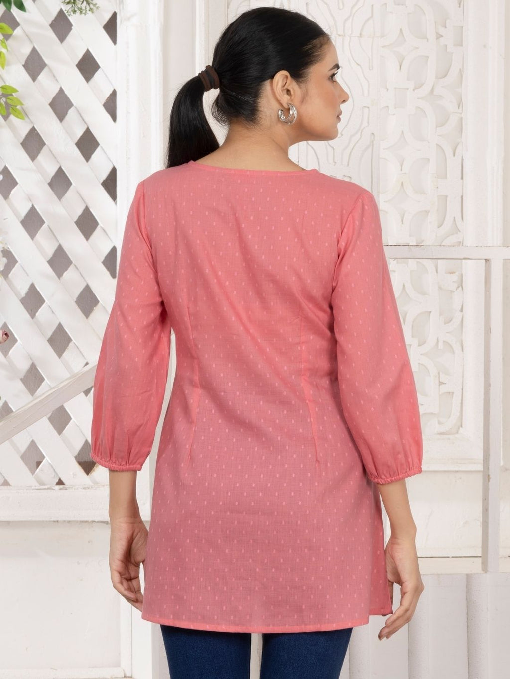 Dishy Coral Chikankari Embroidered Dobby Tunic