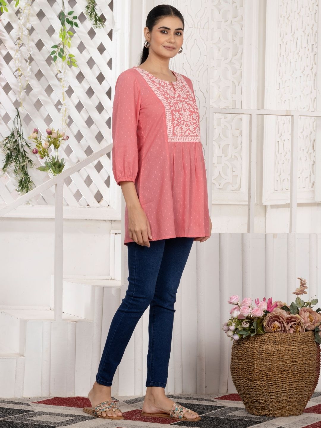 Dishy Coral Chikankari Embroidered Dobby Tunic