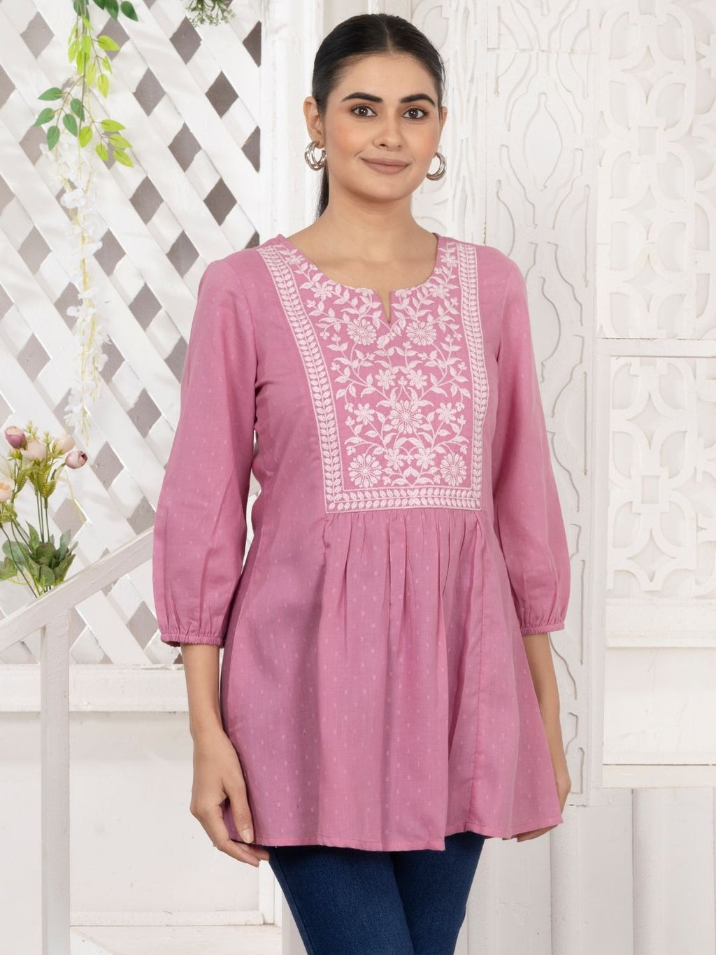 Carnation Pink Chikankari Embroidered Dobby Tunic