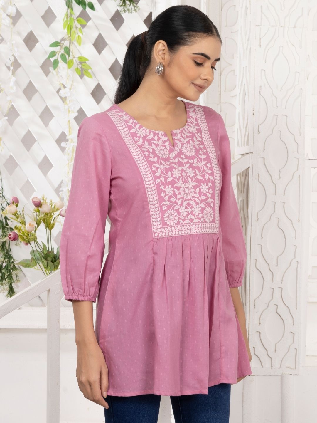 Carnation Pink Chikankari Embroidered Dobby Tunic