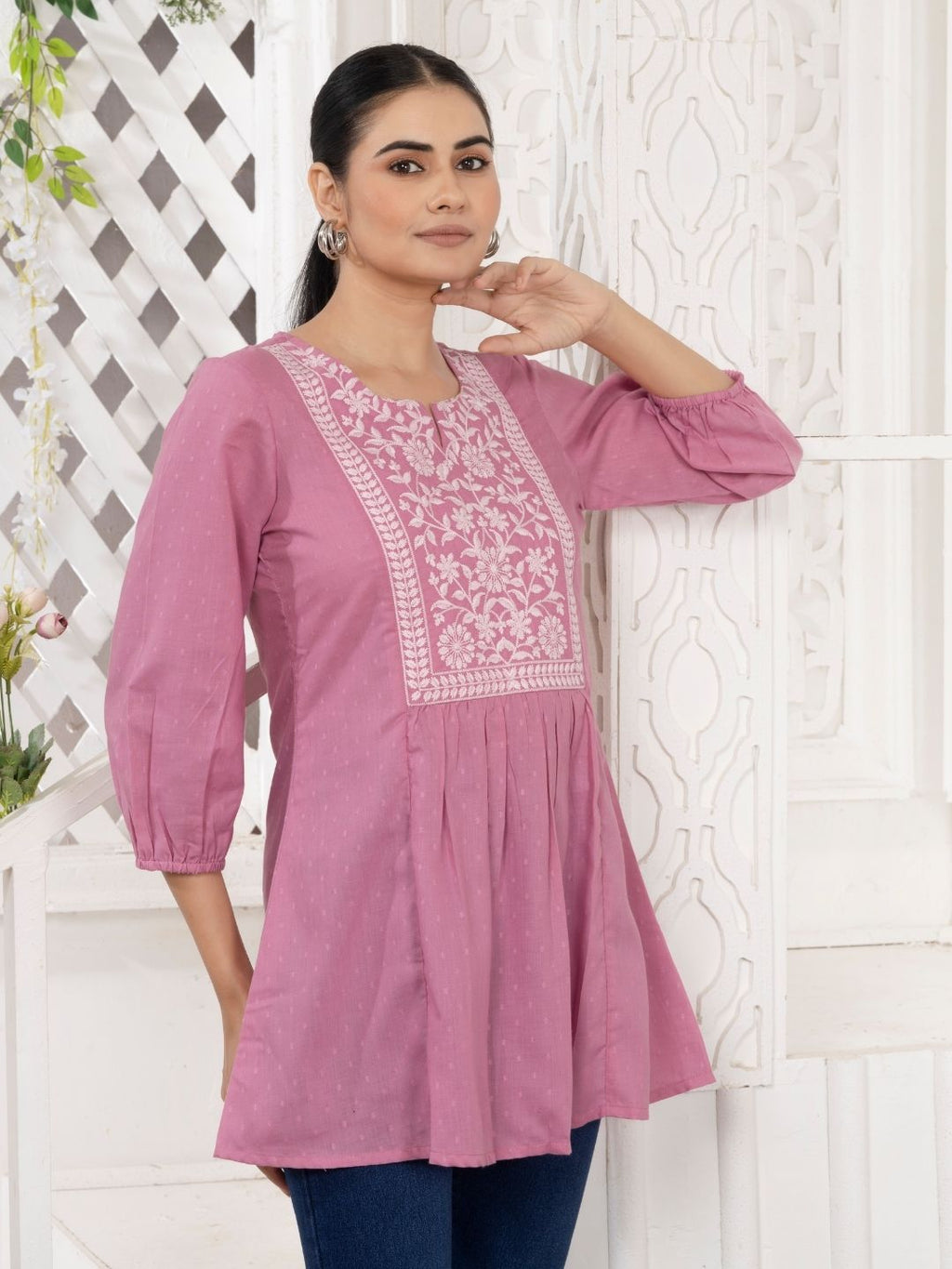 Carnation Pink Chikankari Embroidered Dobby Tunic