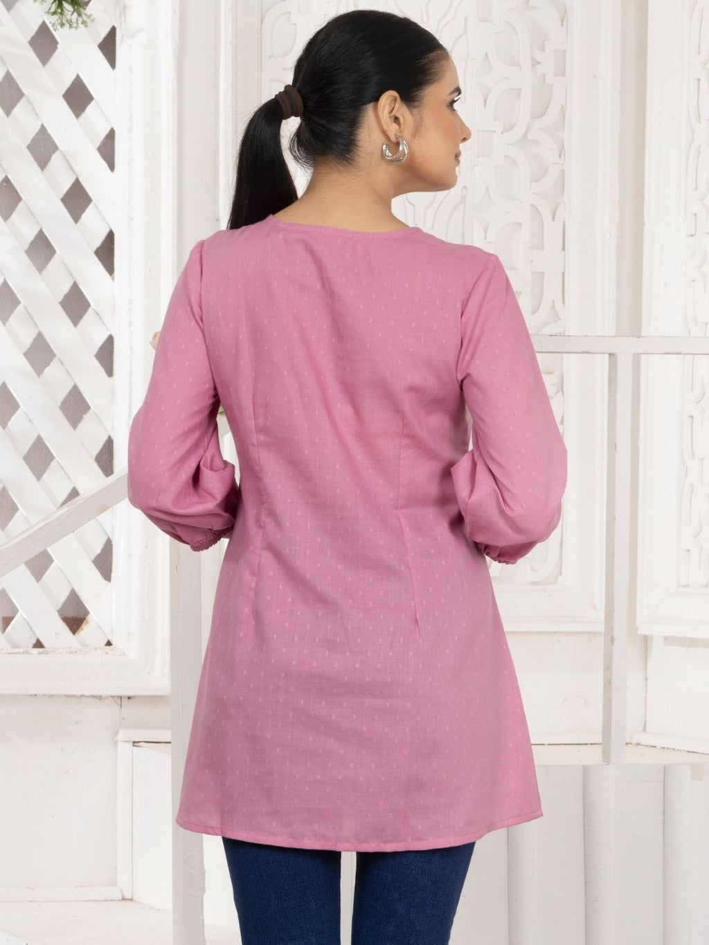 Carnation Pink Chikankari Embroidered Dobby Tunic