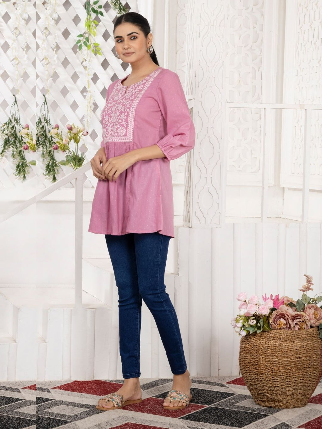 Carnation Pink Chikankari Embroidered Dobby Tunic