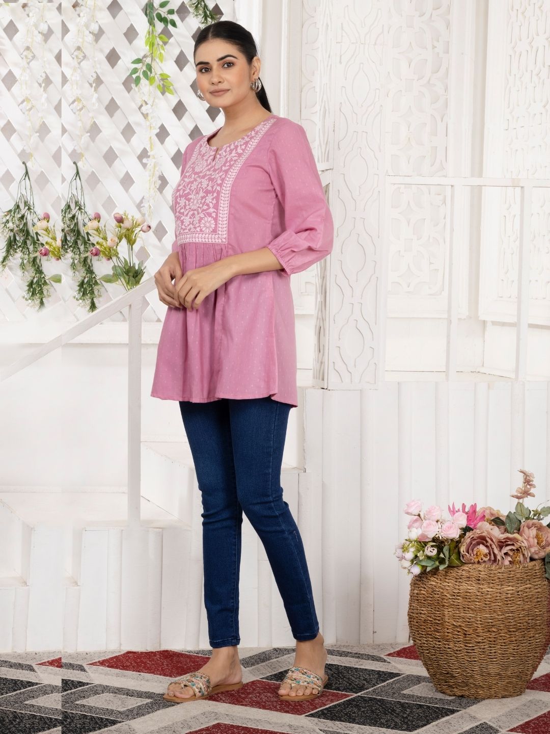 Carnation Pink Chikankari Embroidered Dobby Tunic