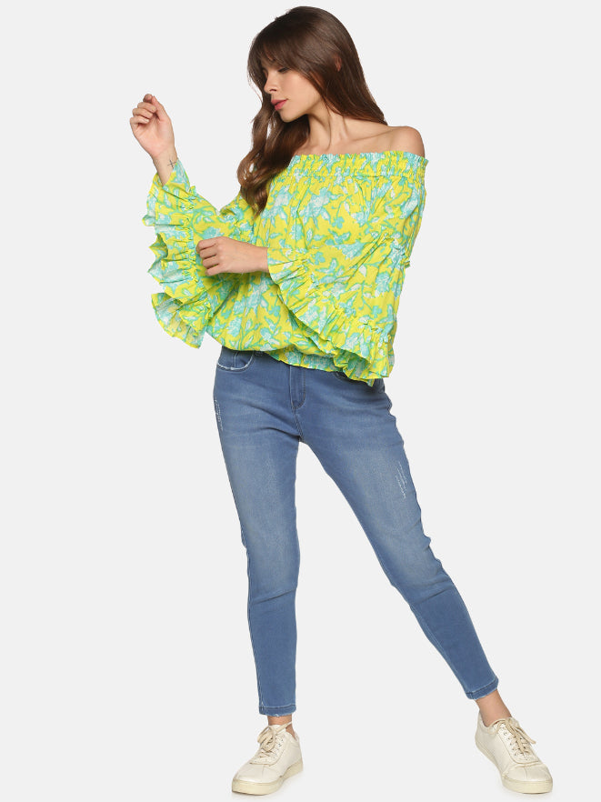 Lime Ethnic Floral Printed Off Shoulder Top with Bell Sleeves