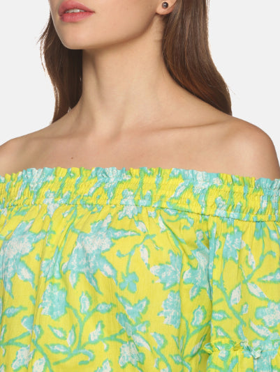 Lime Ethnic Floral Printed Off Shoulder Top with Bell Sleeves
