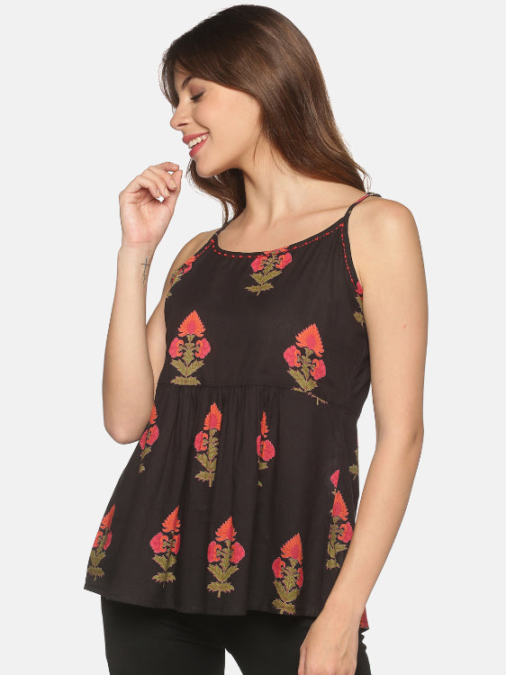 Black All Over Ethnic Motifs Printed Peplum Top with Beads Detailed Neck