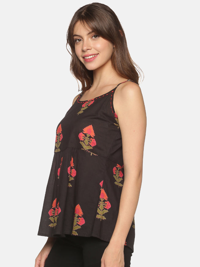 Black All Over Ethnic Motifs Printed Peplum Top with Beads Detailed Neck