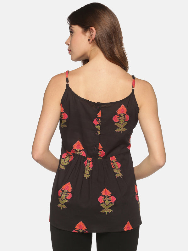 Black All Over Ethnic Motifs Printed Peplum Top with Beads Detailed Neck