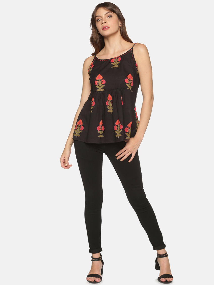 Black All Over Ethnic Motifs Printed Peplum Top with Beads Detailed Neck