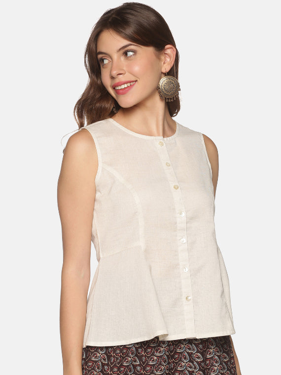 Natural Cotton Flax Panelled A-Line Top with Button-Down Placket