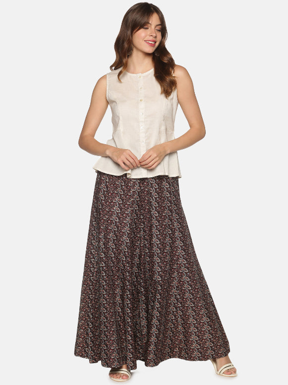 Natural Cotton Flax Panelled A-Line Top with Button-Down Placket