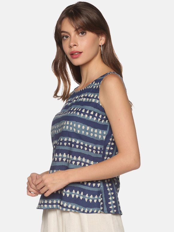 Blue Dhabu Printed Sleeveless Top with Back Button-Down Placket