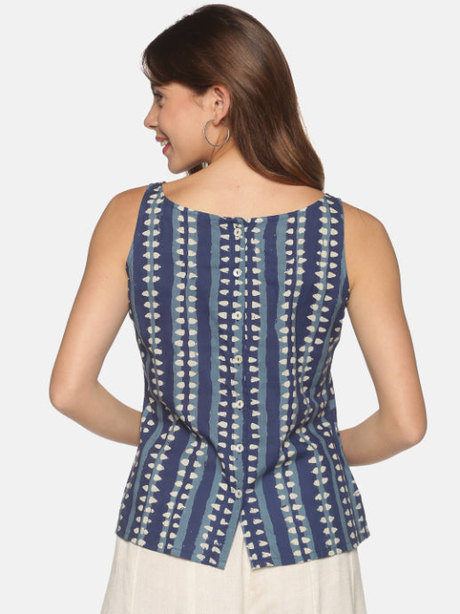 Blue Dhabu Printed Sleeveless Top with Back Button-Down Placket
