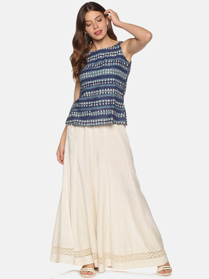 Blue Dhabu Printed Sleeveless Top with Back Button-Down Placket