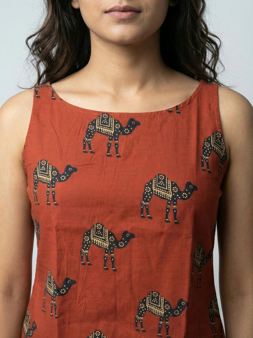 Red Sanganeri Camel Print Cotton Tank Top