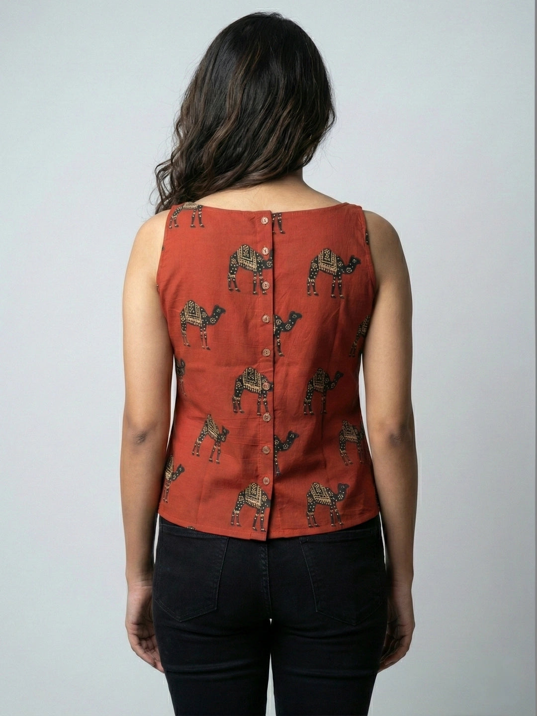 Red Sanganeri Camel Print Cotton Tank Top