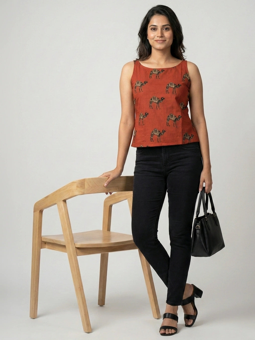 Red Sanganeri Camel Print Cotton Tank Top