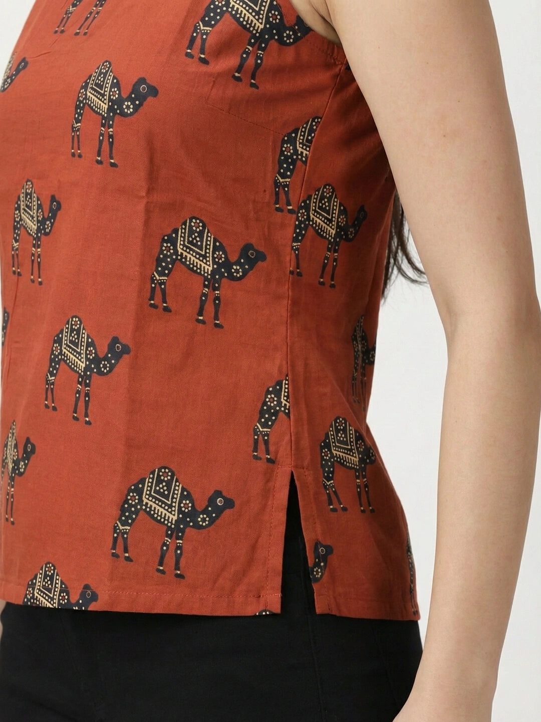 Red Sanganeri Camel Print Cotton Tank Top