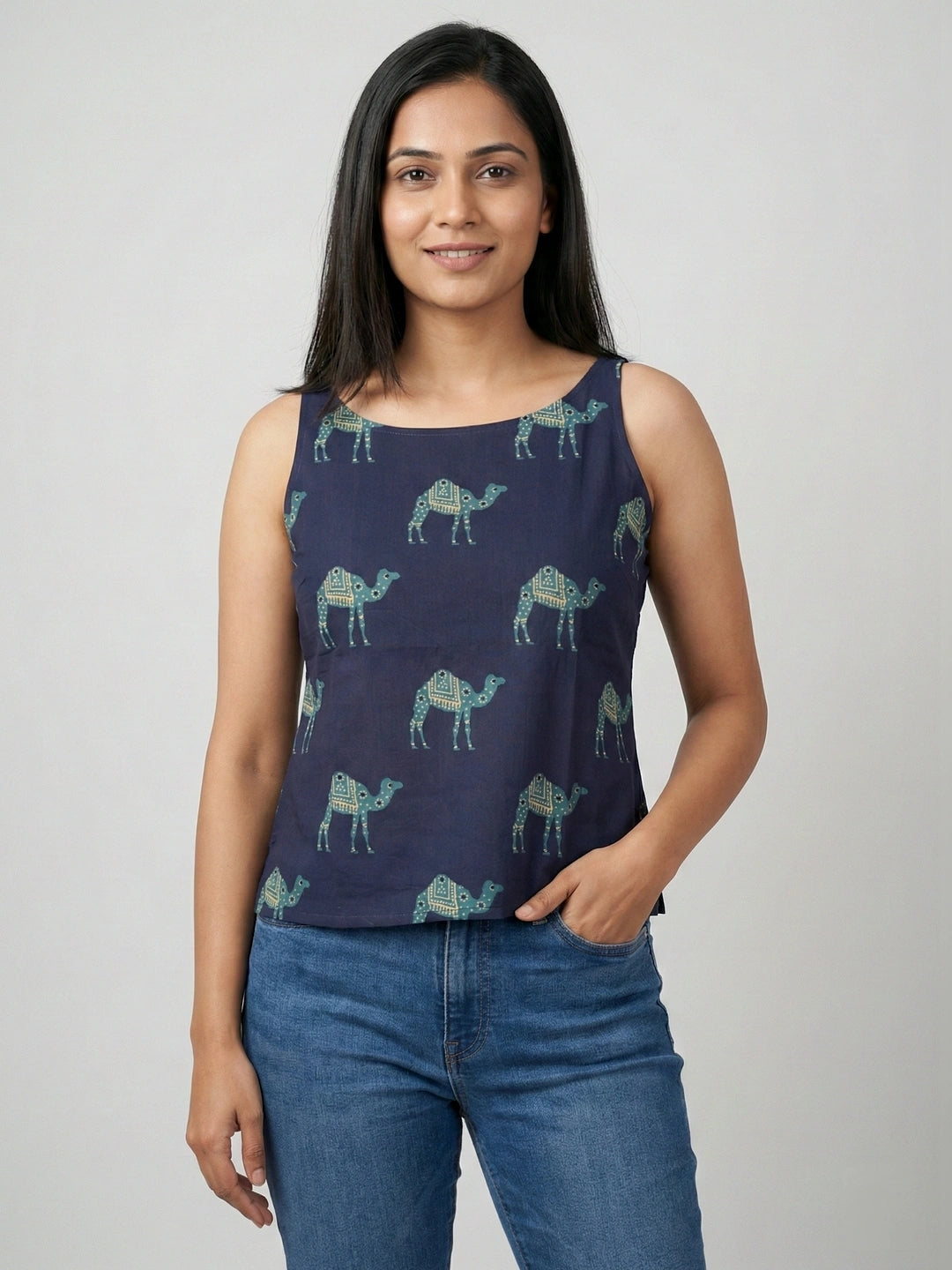 Navy Sanganeri Camel Print Cotton Tank Top