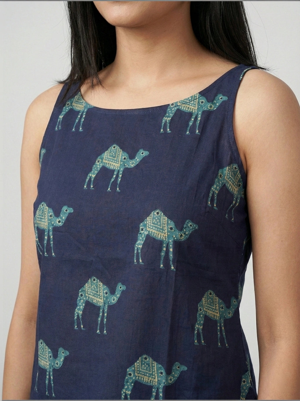 Navy Sanganeri Camel Print Cotton Tank Top