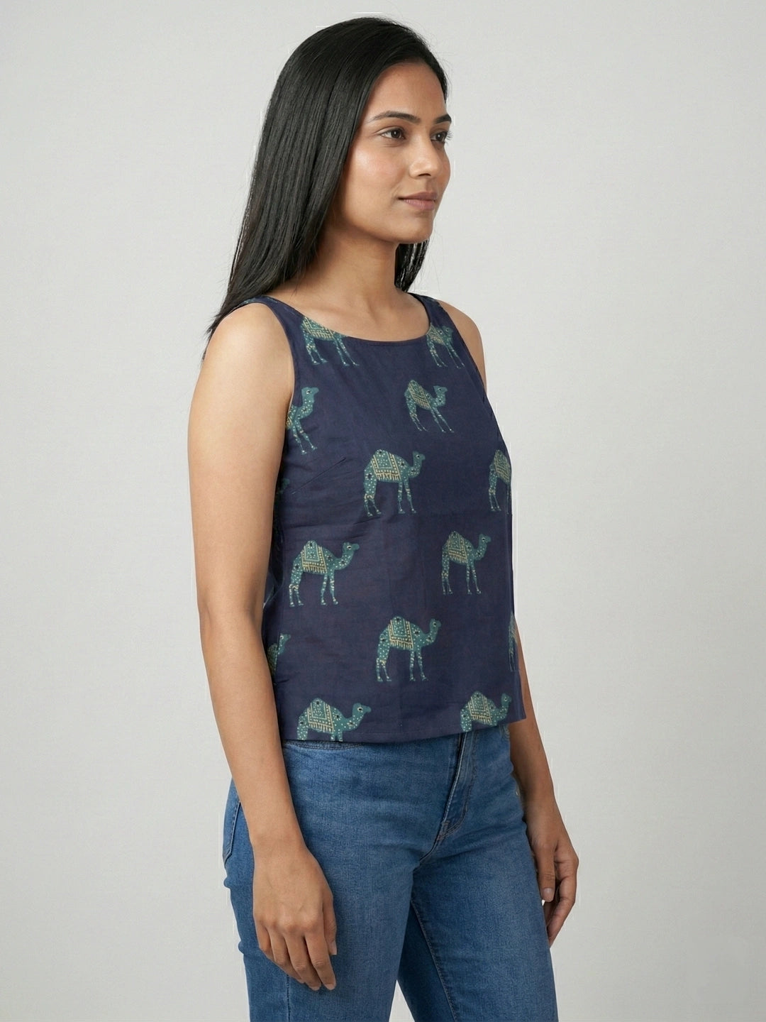 Navy Sanganeri Camel Print Cotton Tank Top