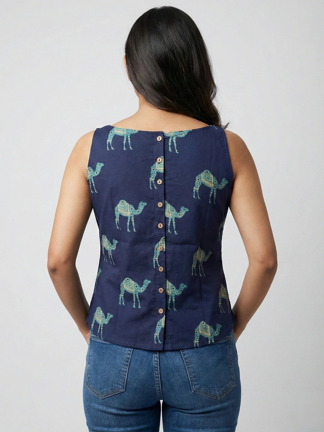 Navy Sanganeri Camel Print Cotton Tank Top
