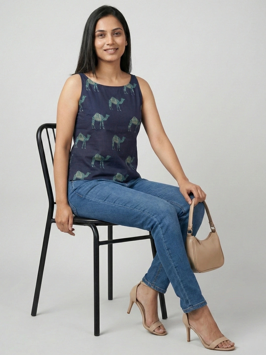 Navy Sanganeri Camel Print Cotton Tank Top