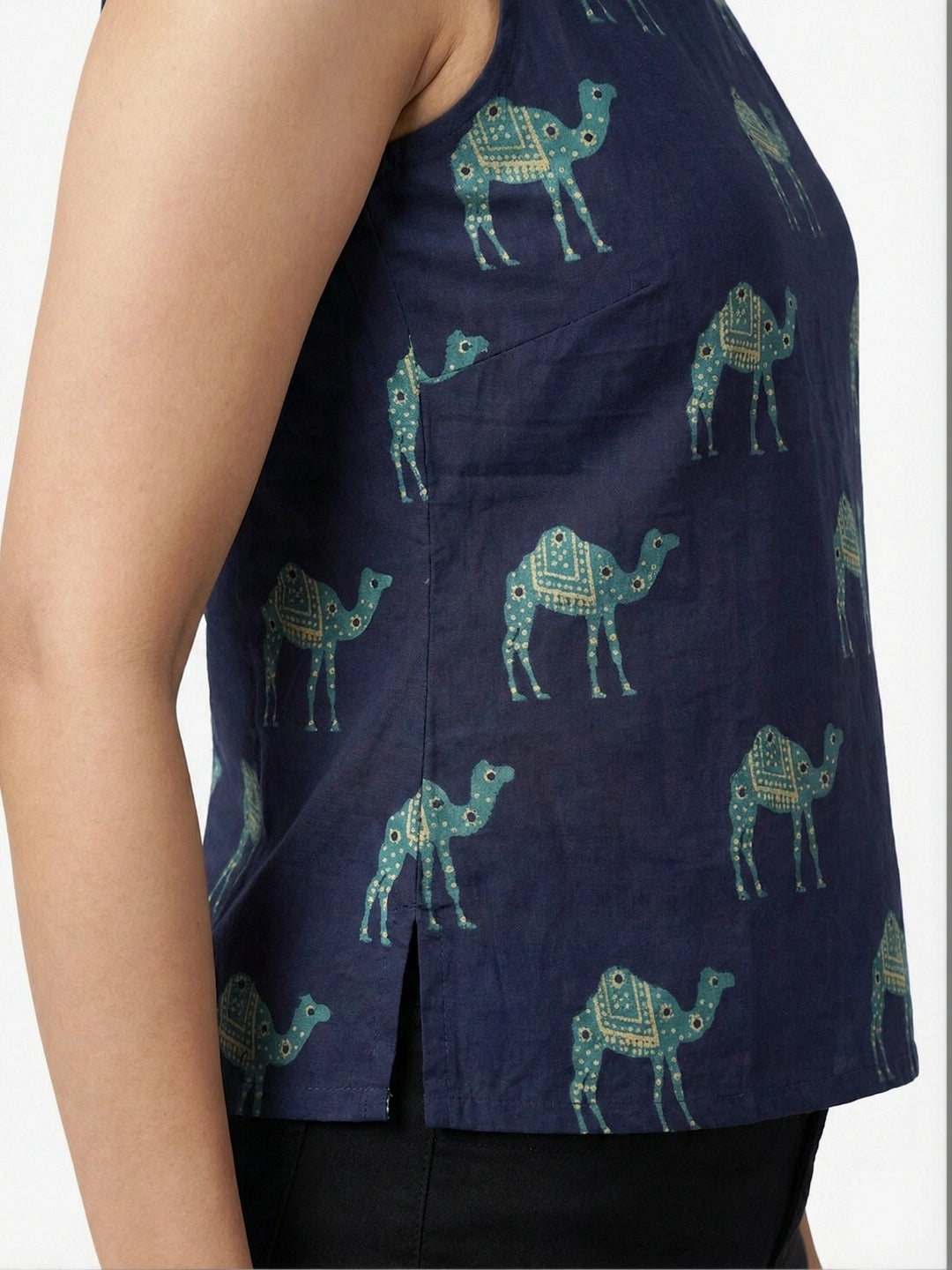 Navy Sanganeri Camel Print Cotton Tank Top