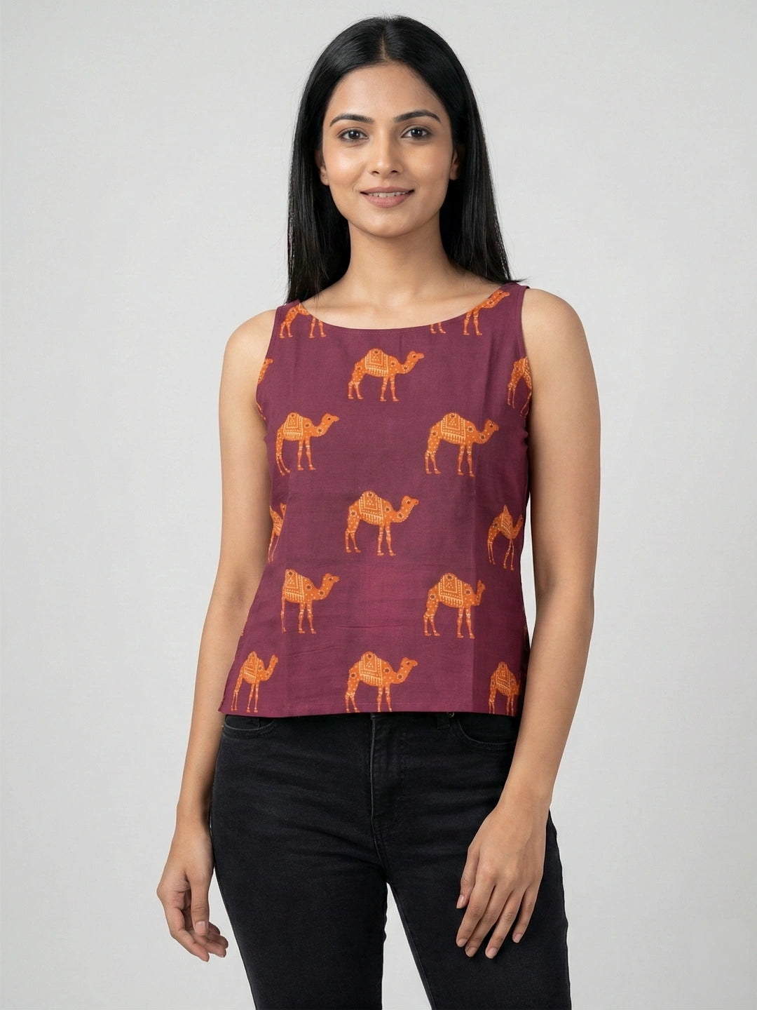 Wine Sanganeri Camel Print Cotton Tank Top