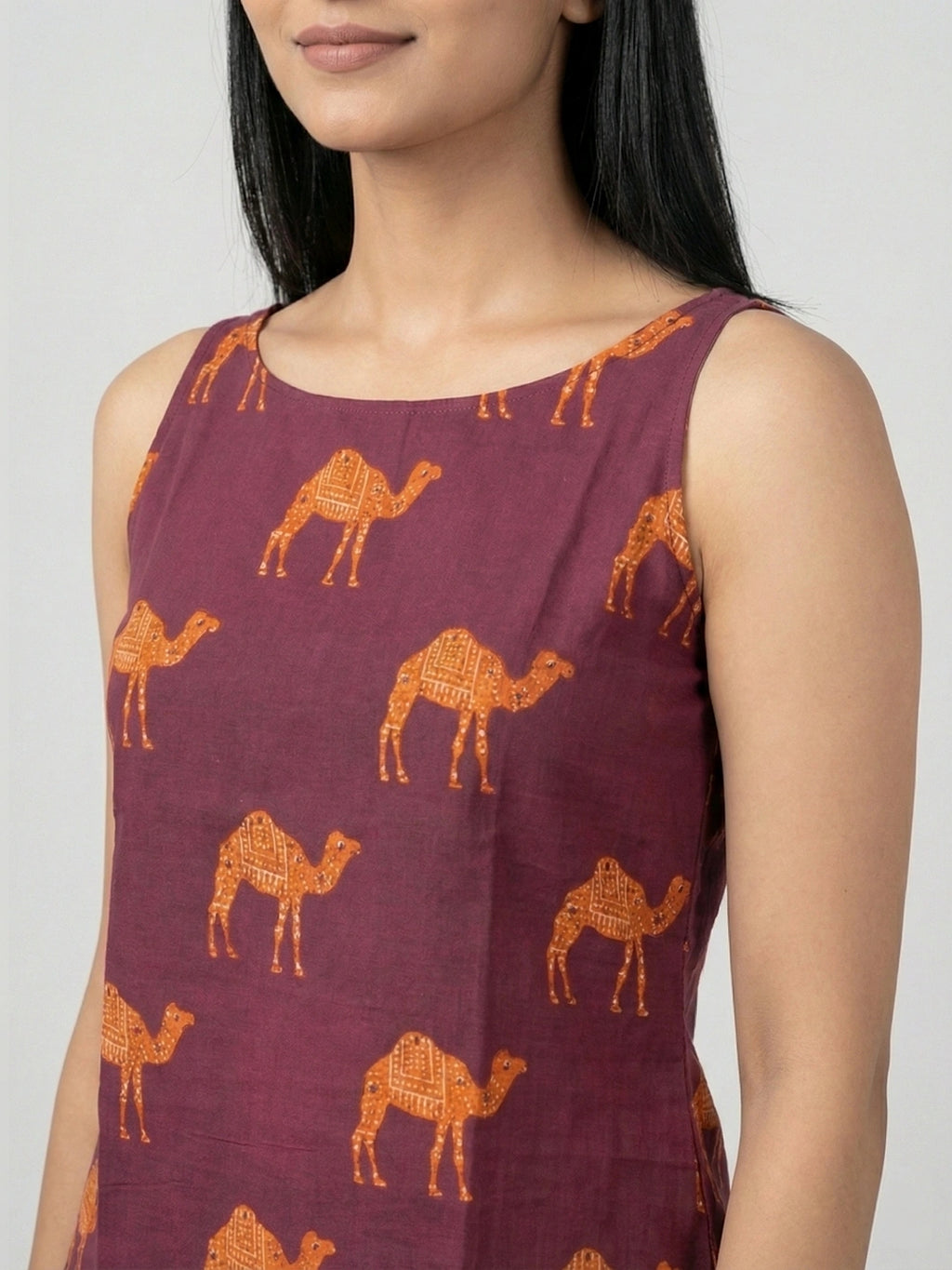Wine Sanganeri Camel Print Cotton Tank Top