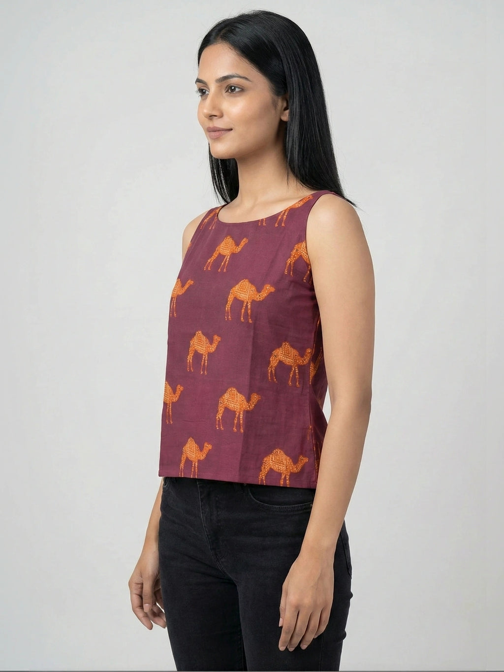Wine Sanganeri Camel Print Cotton Tank Top