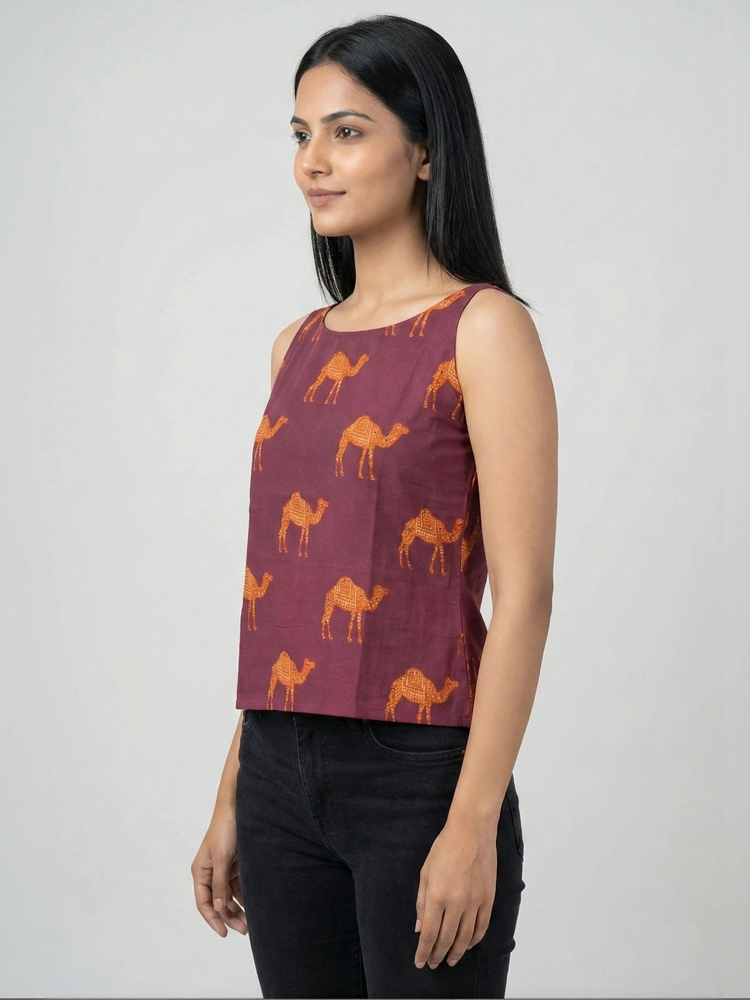 Wine Sanganeri Camel Print Cotton Tank Top