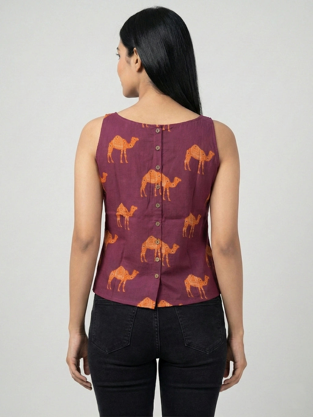 Wine Sanganeri Camel Print Cotton Tank Top
