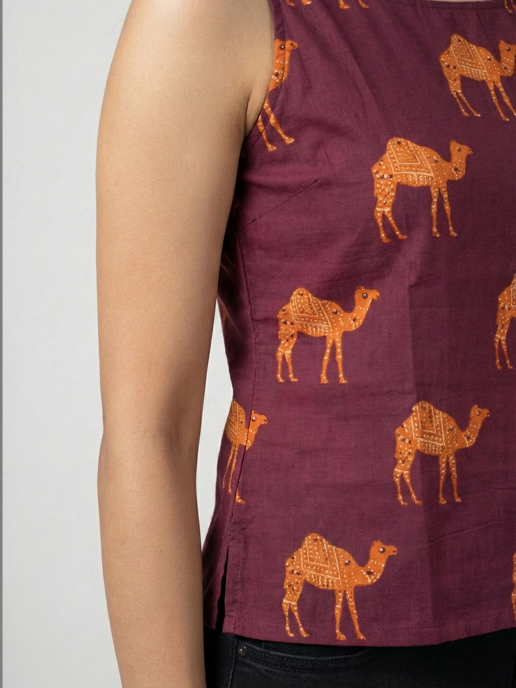 Wine Sanganeri Camel Print Cotton Tank Top