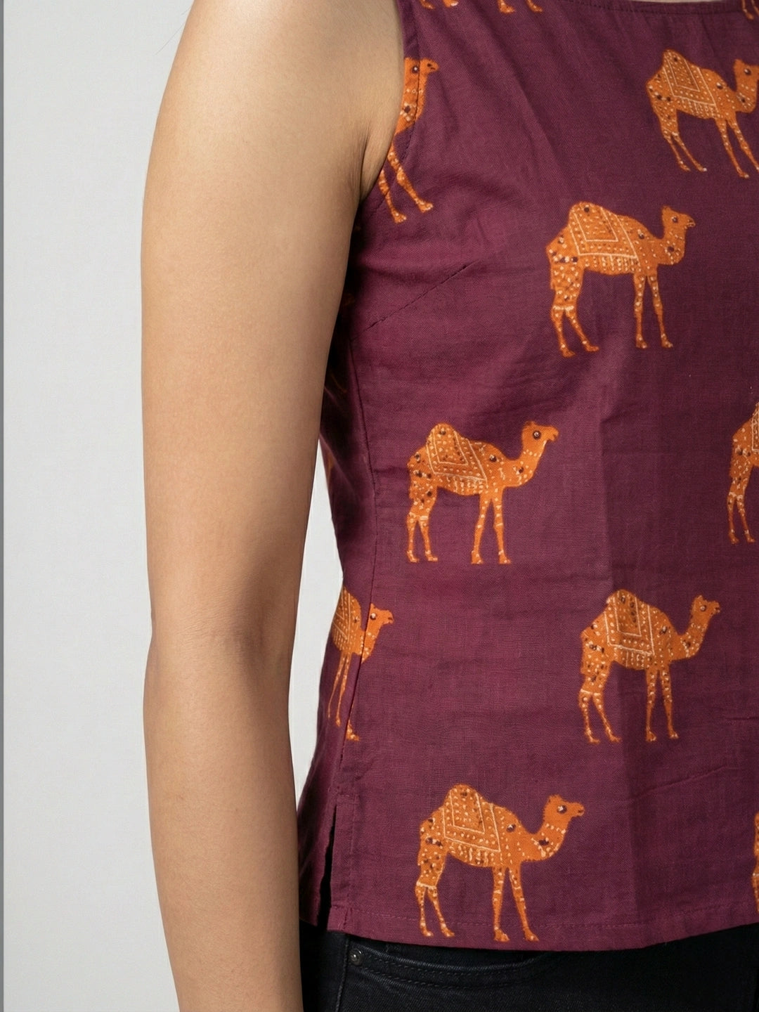 Wine Sanganeri Camel Print Cotton Tank Top