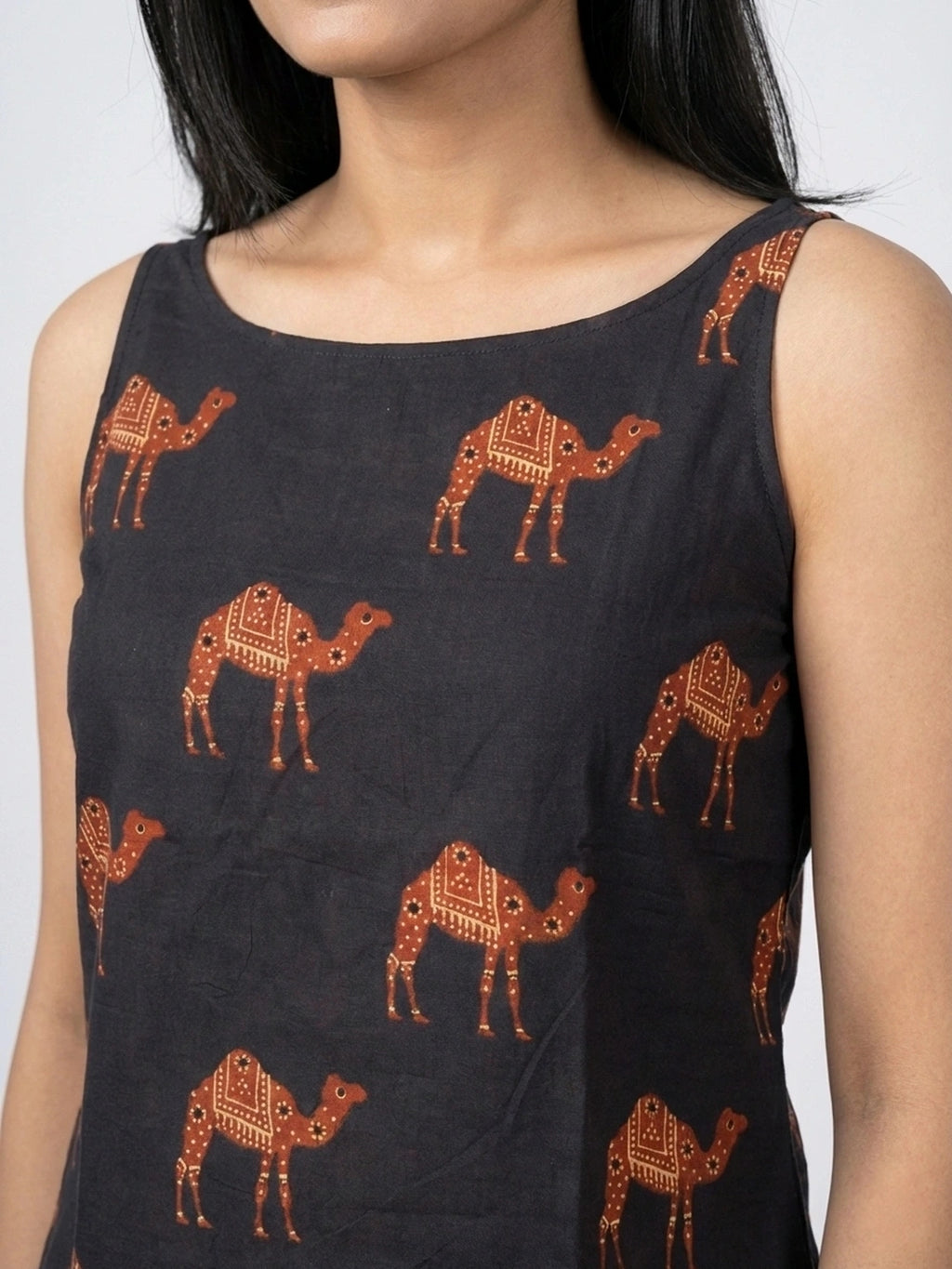 Black Sanganeri Camel Print Cotton Tank Top
