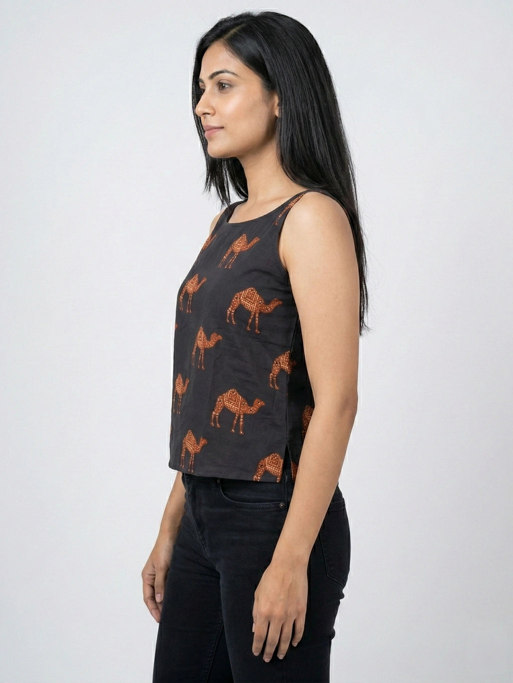 Black Sanganeri Camel Print Cotton Tank Top