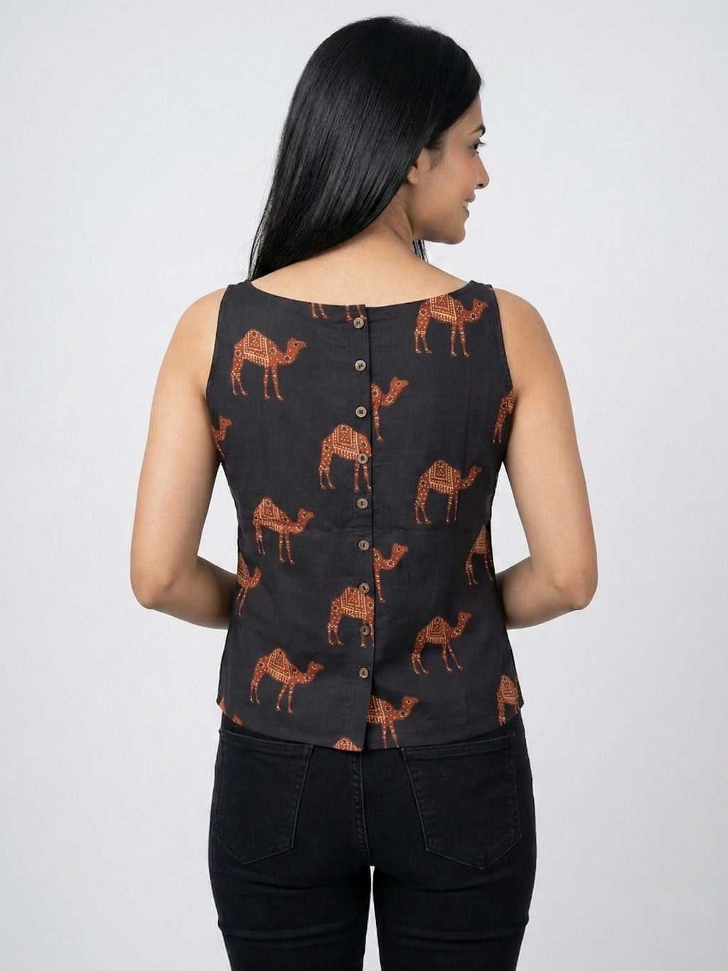 Black Sanganeri Camel Print Cotton Tank Top