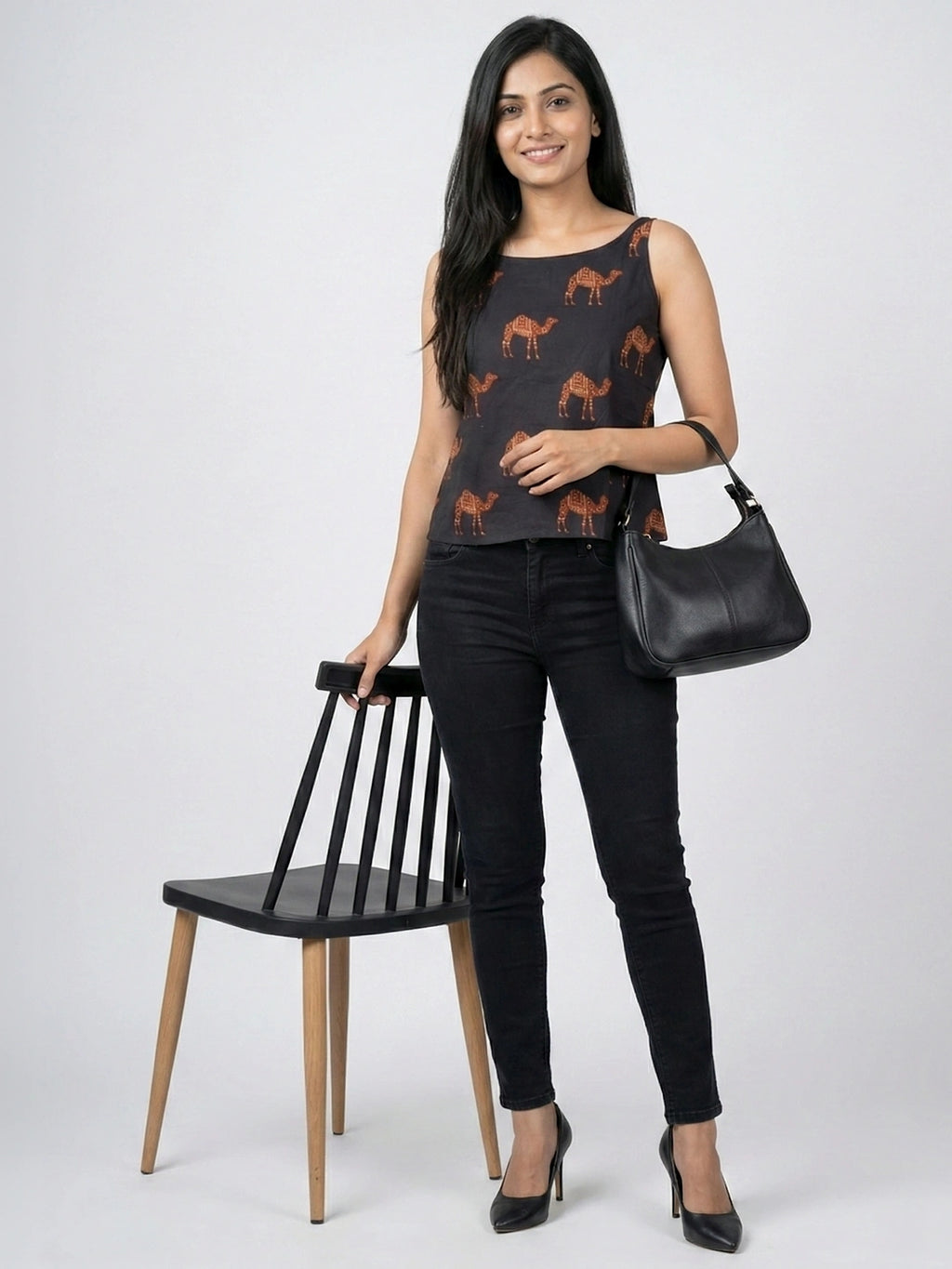 Black Sanganeri Camel Print Cotton Tank Top