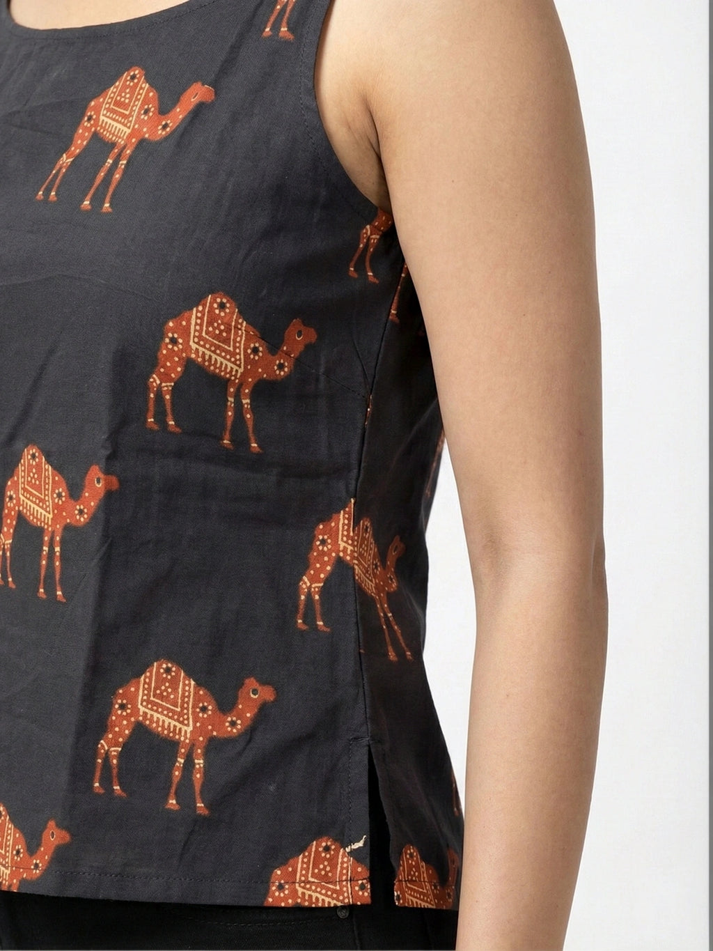 Black Sanganeri Camel Print Cotton Tank Top