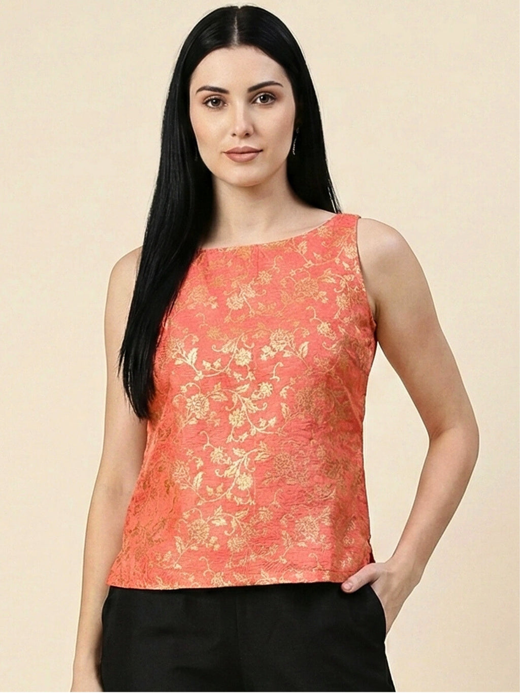 Coral Banarasi Jacquard Sleeveless Top with lining