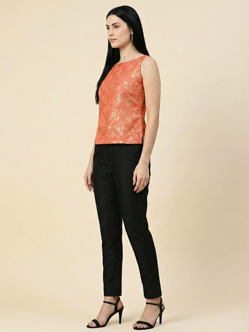 Coral Banarasi Jacquard Sleeveless Top with lining