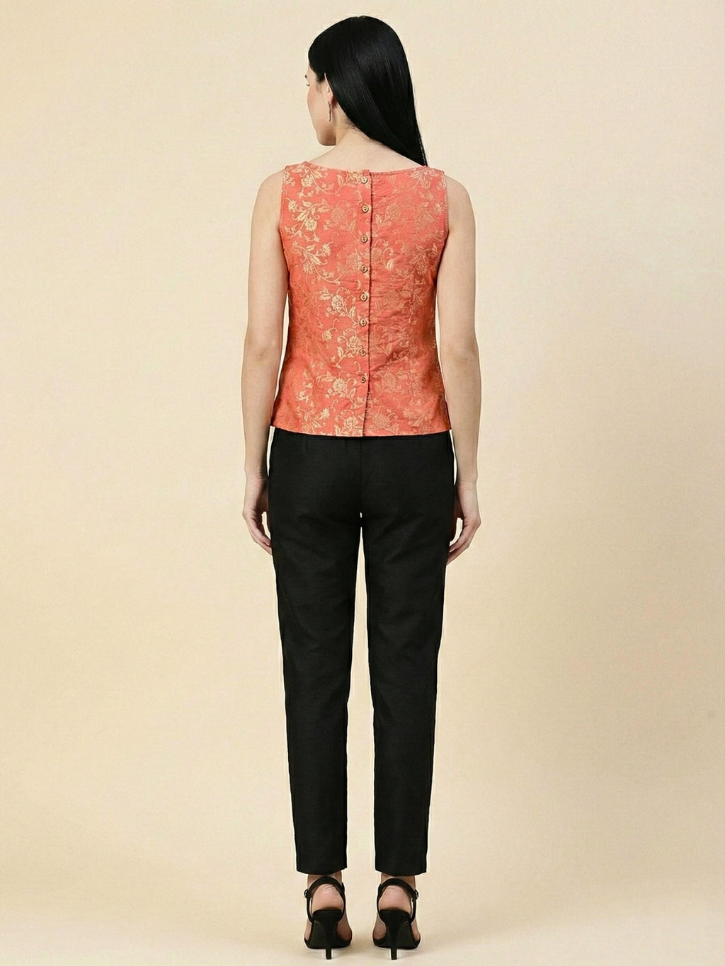 Coral Banarasi Jacquard Sleeveless Top with lining