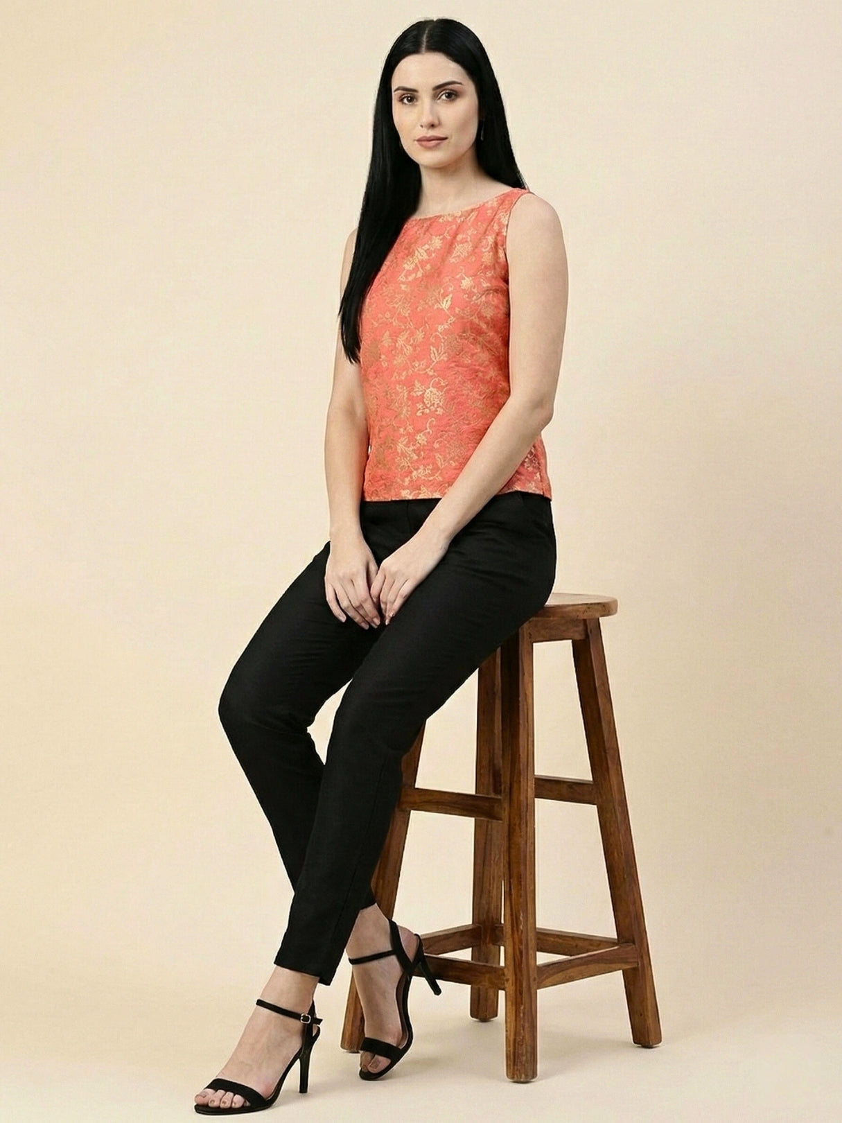 Coral Banarasi Jacquard Sleeveless Top with lining