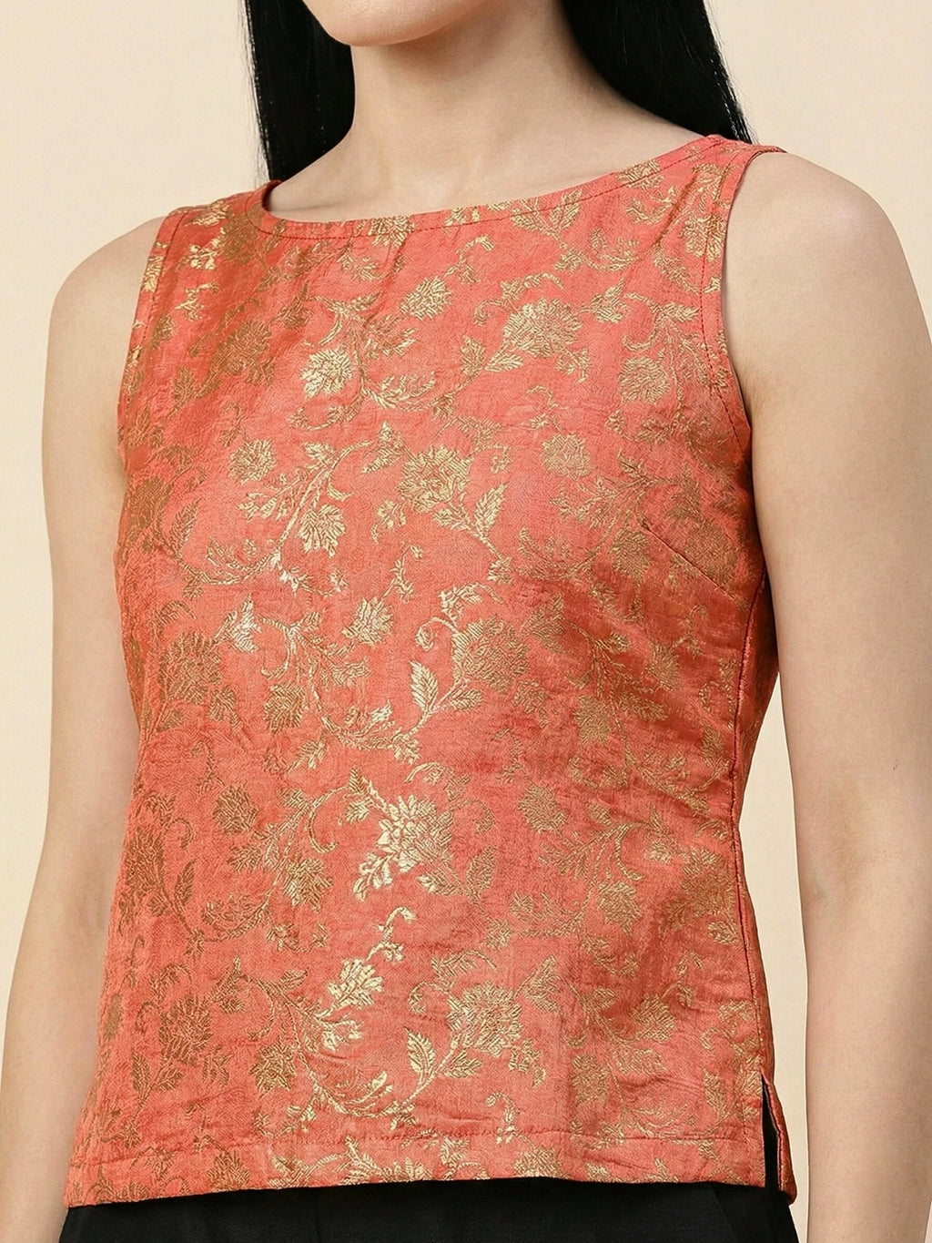 Coral Banarasi Jacquard Sleeveless Top with lining